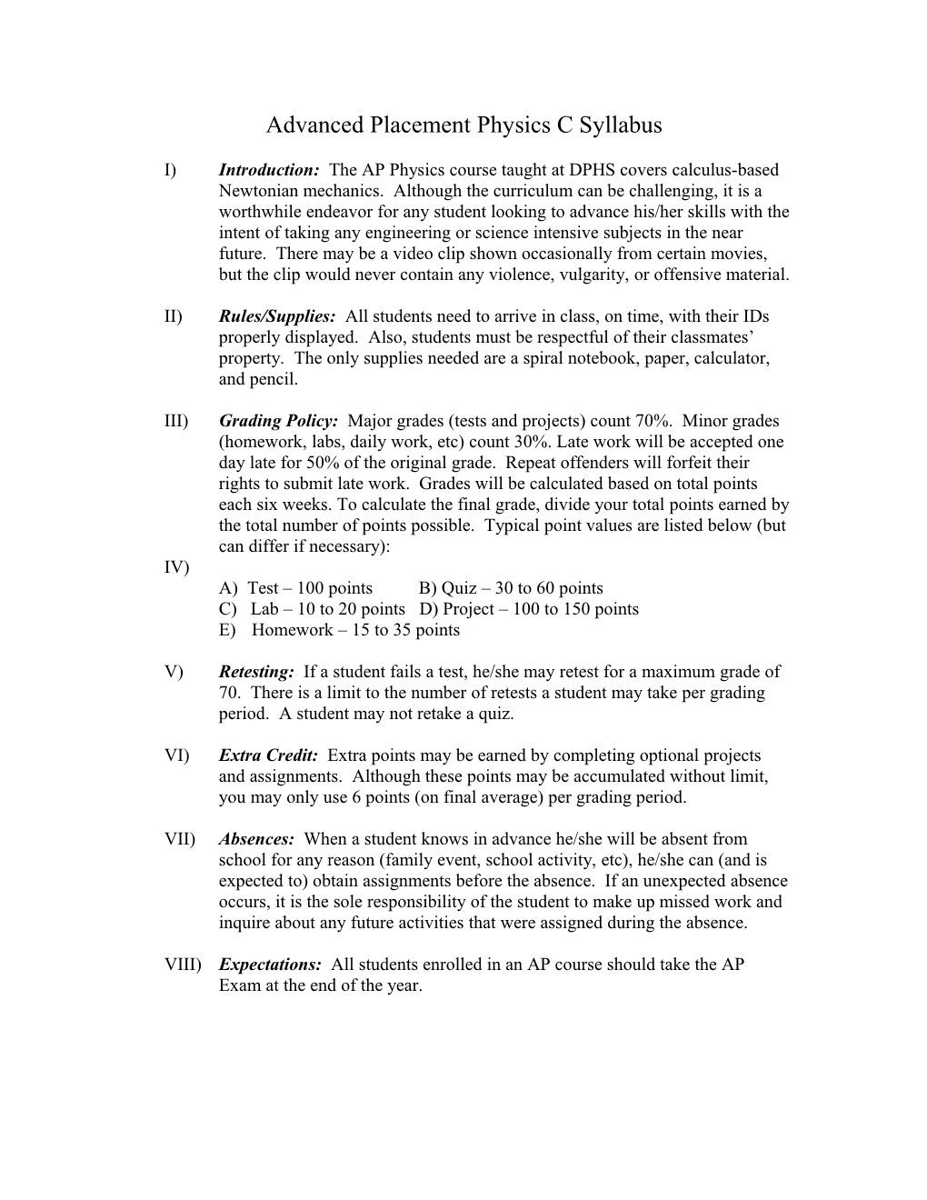 Advanced Placement Physics Syllabus