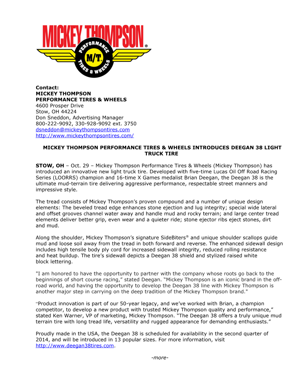 Mickey Thompson Performance Tires & Wheels Introduces Deegan 38 Light Truck Tire