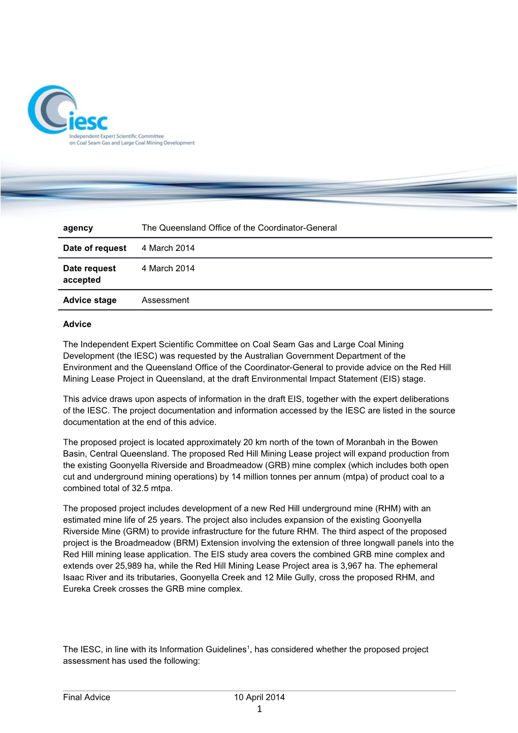 Advice to Decision Maker on Coal Mining Project IESC 2014-044: Red Hill Mining Lease Project