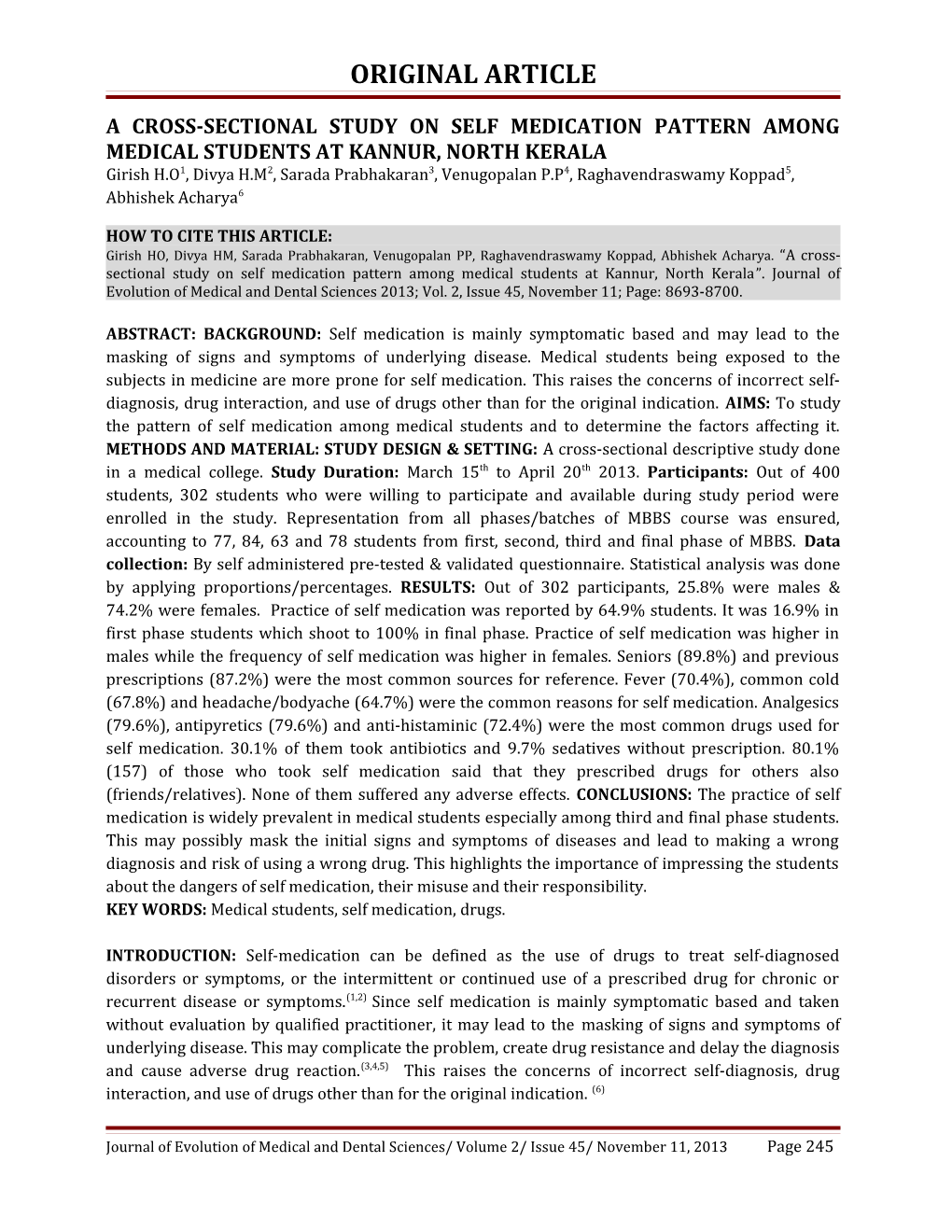 A Cross-Sectional Study on Self Medication Pattern Among Medical Students at Kannur, North