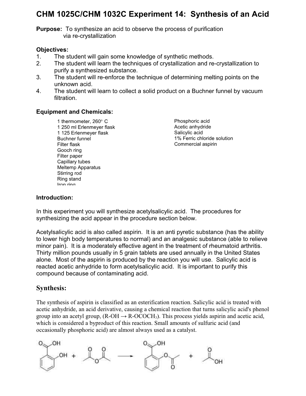 CHM 2046C Experiment 5: Synthesis of an Acid