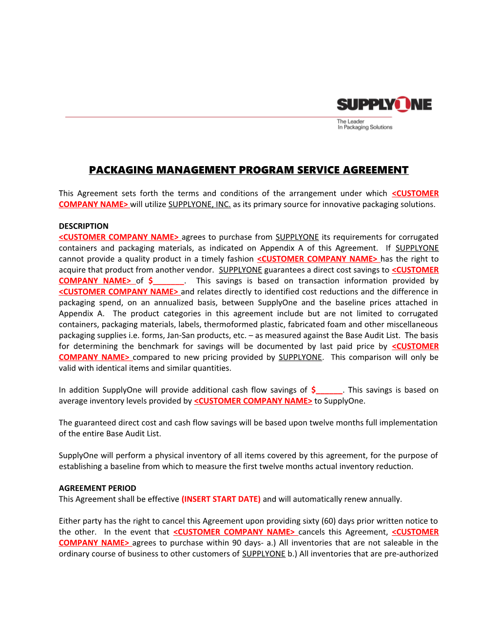 Packaging Management Supply Agreement