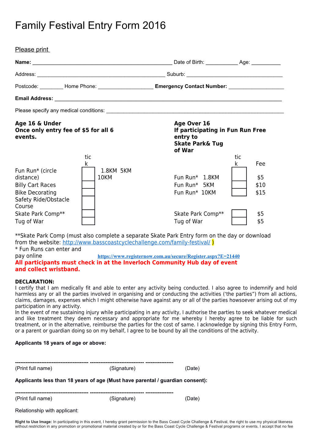 Family Festival Entry Form 2016