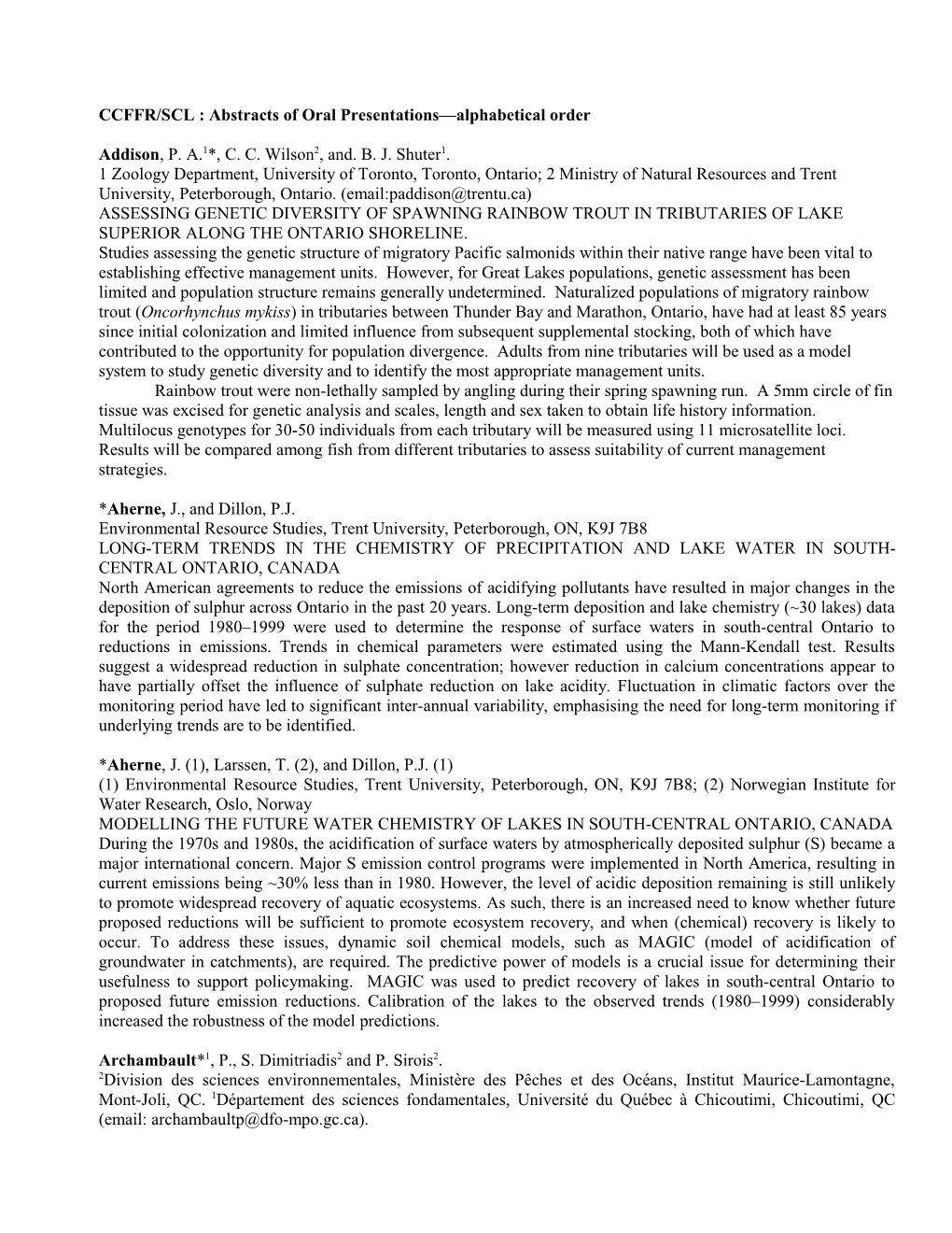 CCFFR/SCL : Abstracts of Oral Presentations Alphabetical Order