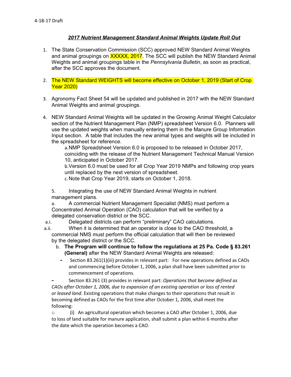 2017 Nutrient Management Standard Animal Weights Update Roll Out