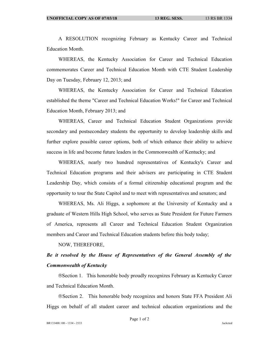A RESOLUTION Recognizing February As Kentucky Career and Technical Education Month