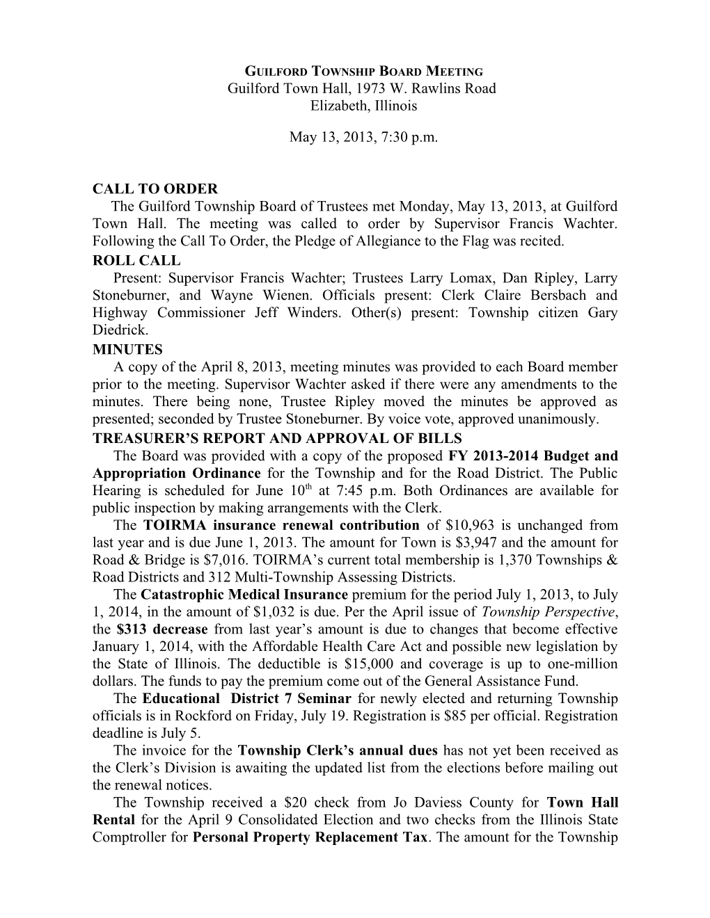 Guilford Township Board Meeting, May 13, 2013