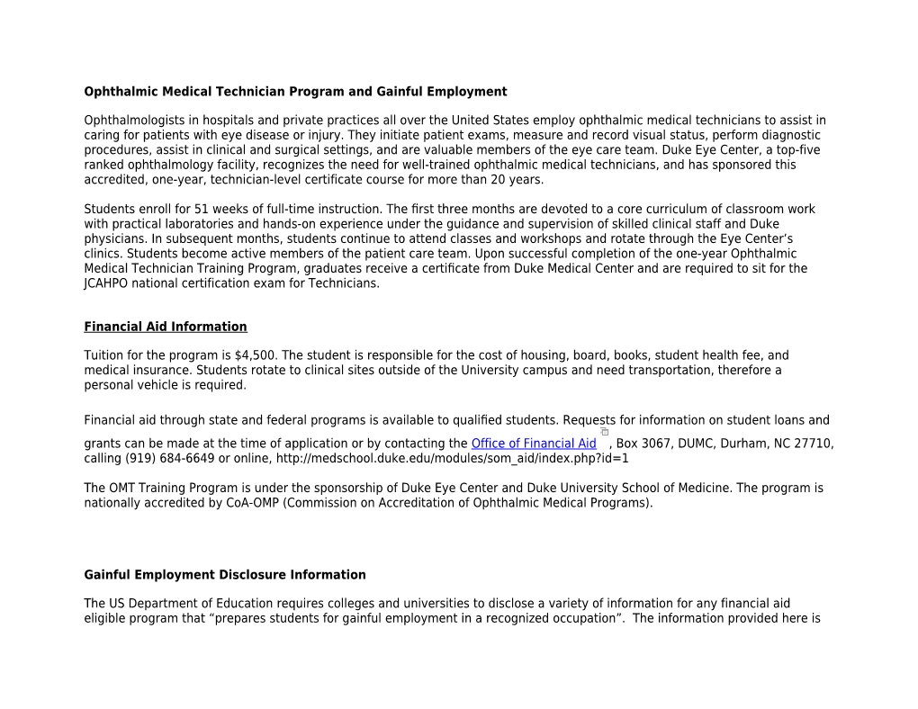 Ophthalmic Medical Technician Program and Gainful Employment