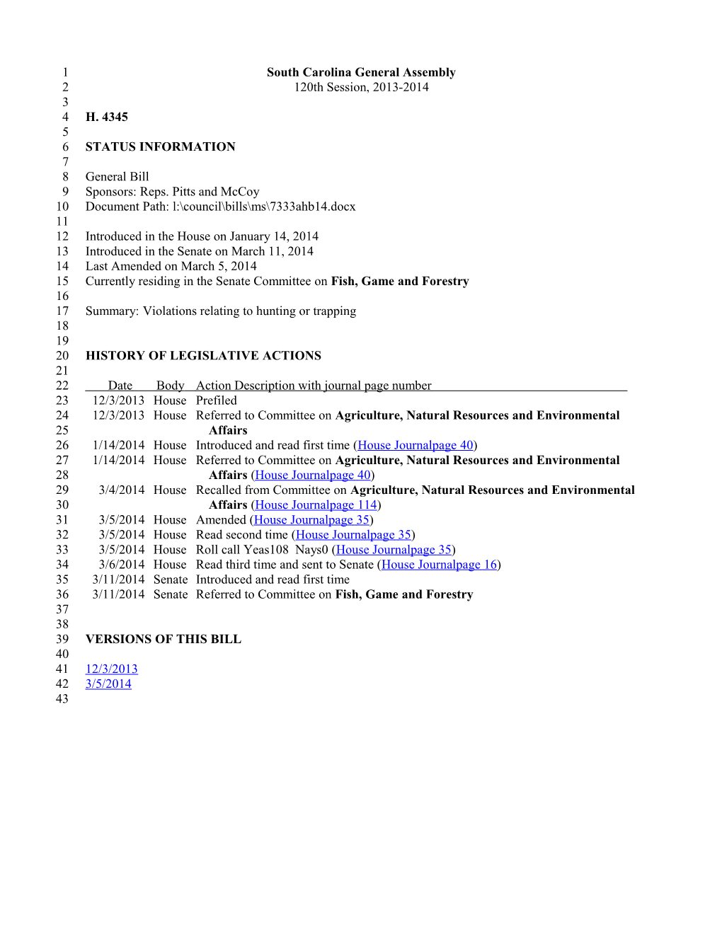 2013-2014 Bill 4345: Violations Relating to Hunting Or Trapping - South Carolina Legislature