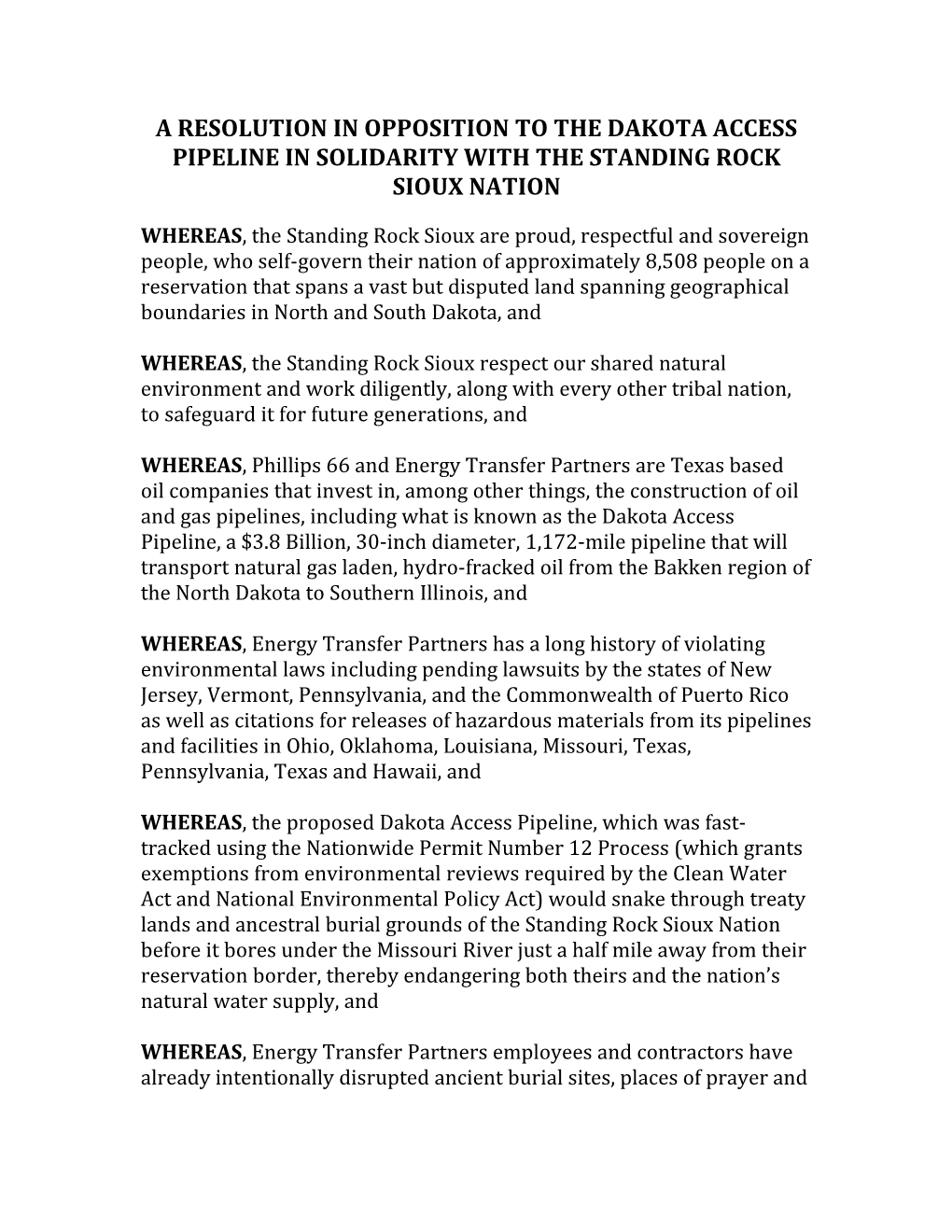 A Resolution in Opposition to the Dakota Access Pipeline in Solidarity with the Standing