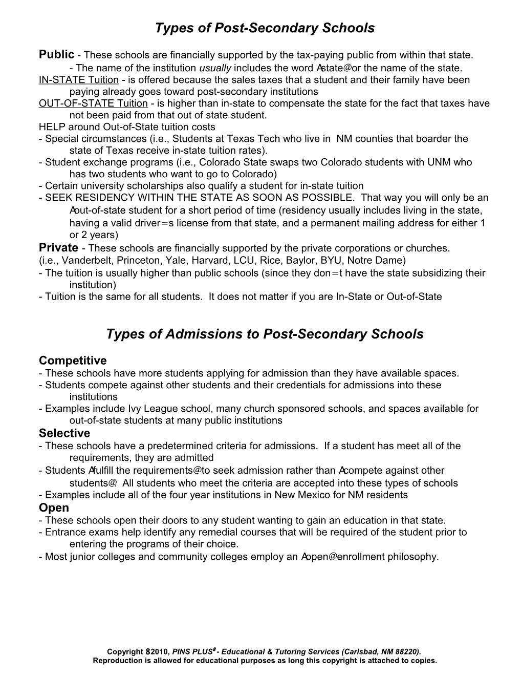 Types of Post-Secondary Schools