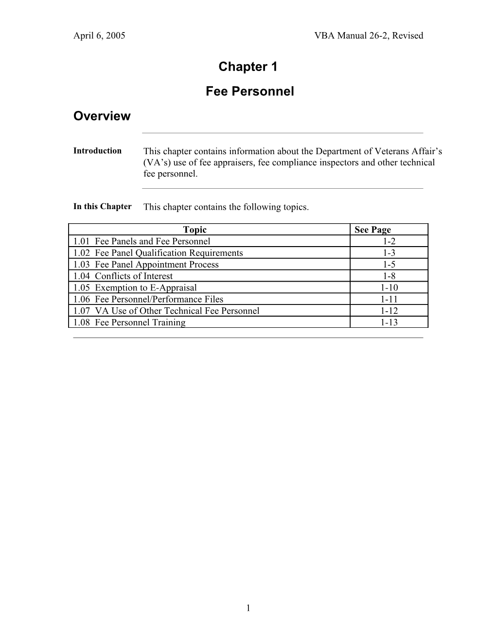 1.01 Fee Panels and Fee Personnel