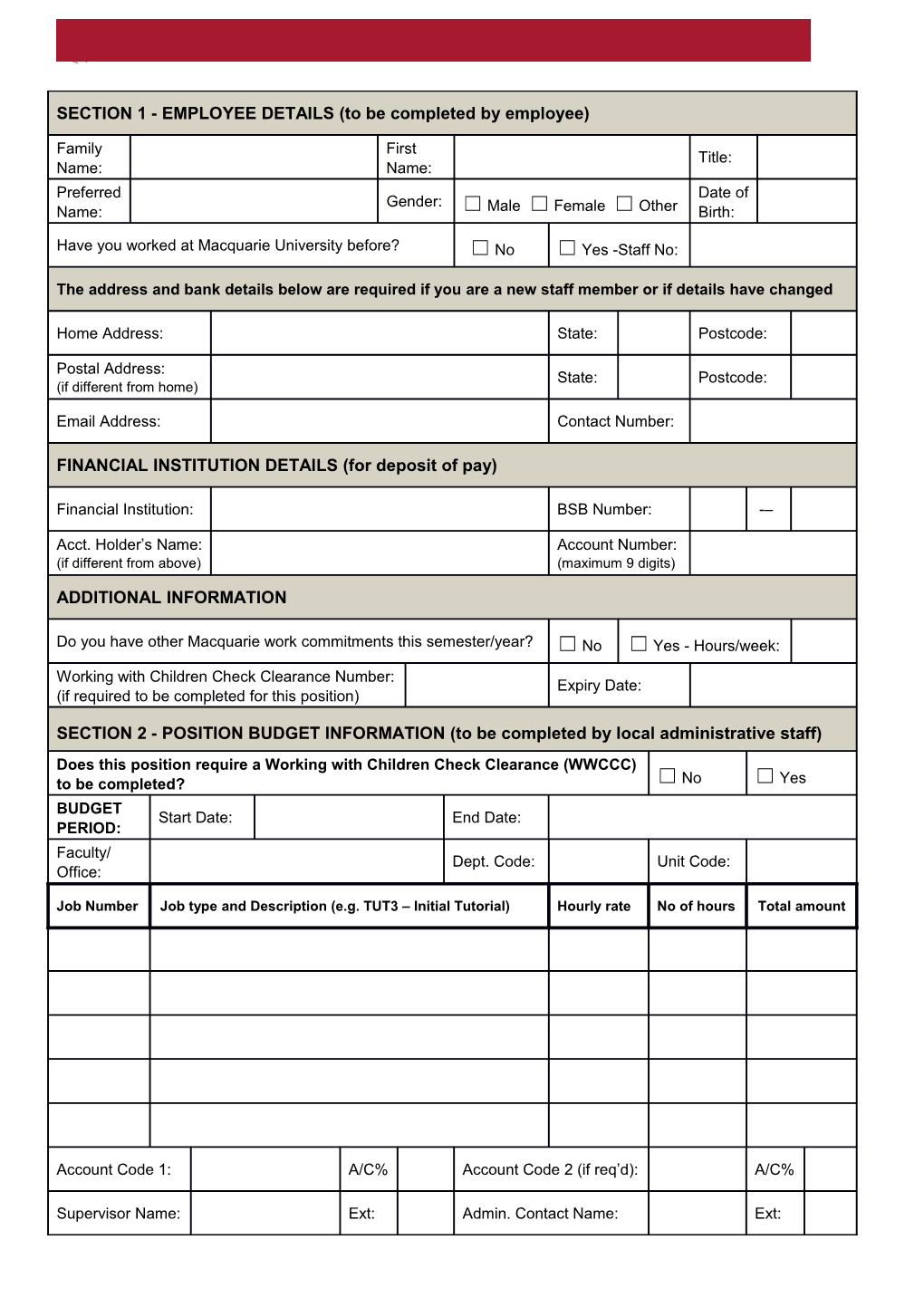Casual Academic Staff Appointment Form