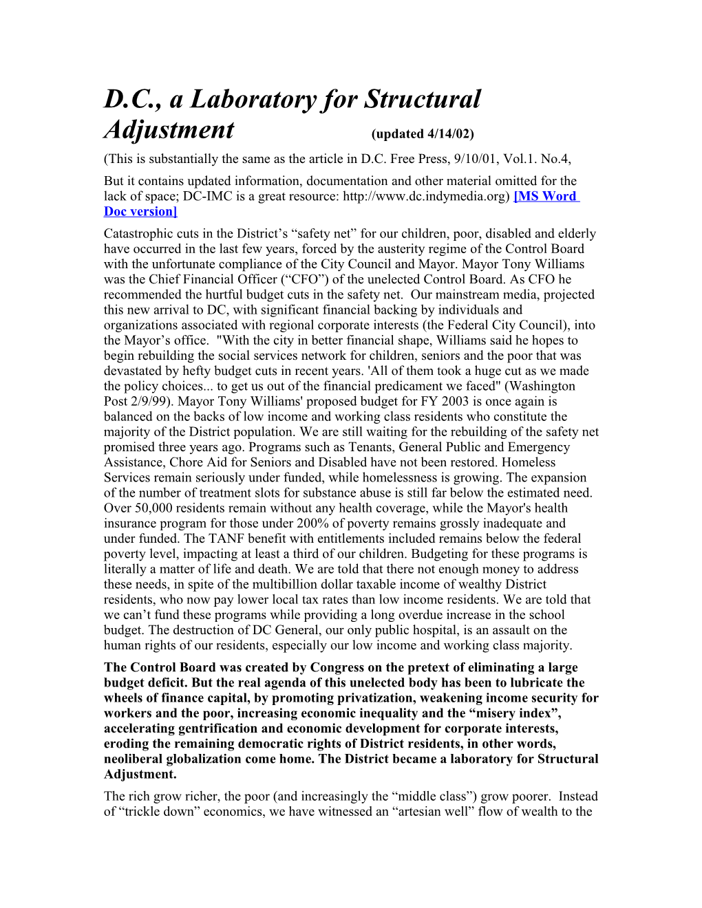 D.C., a Laboratory for Structural Adjustment (Updated 4/14/02)