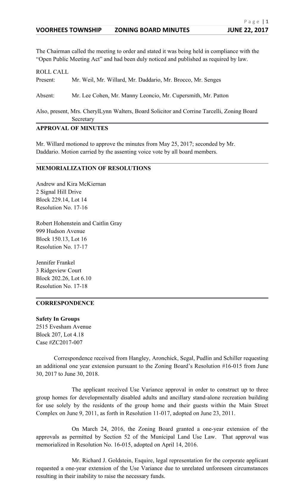 Voorhees Township Zoning Board Minutes January 28, 2016