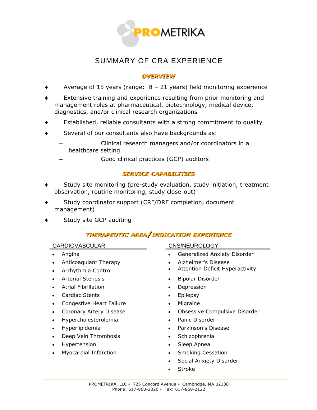 Summary of Cra Experience