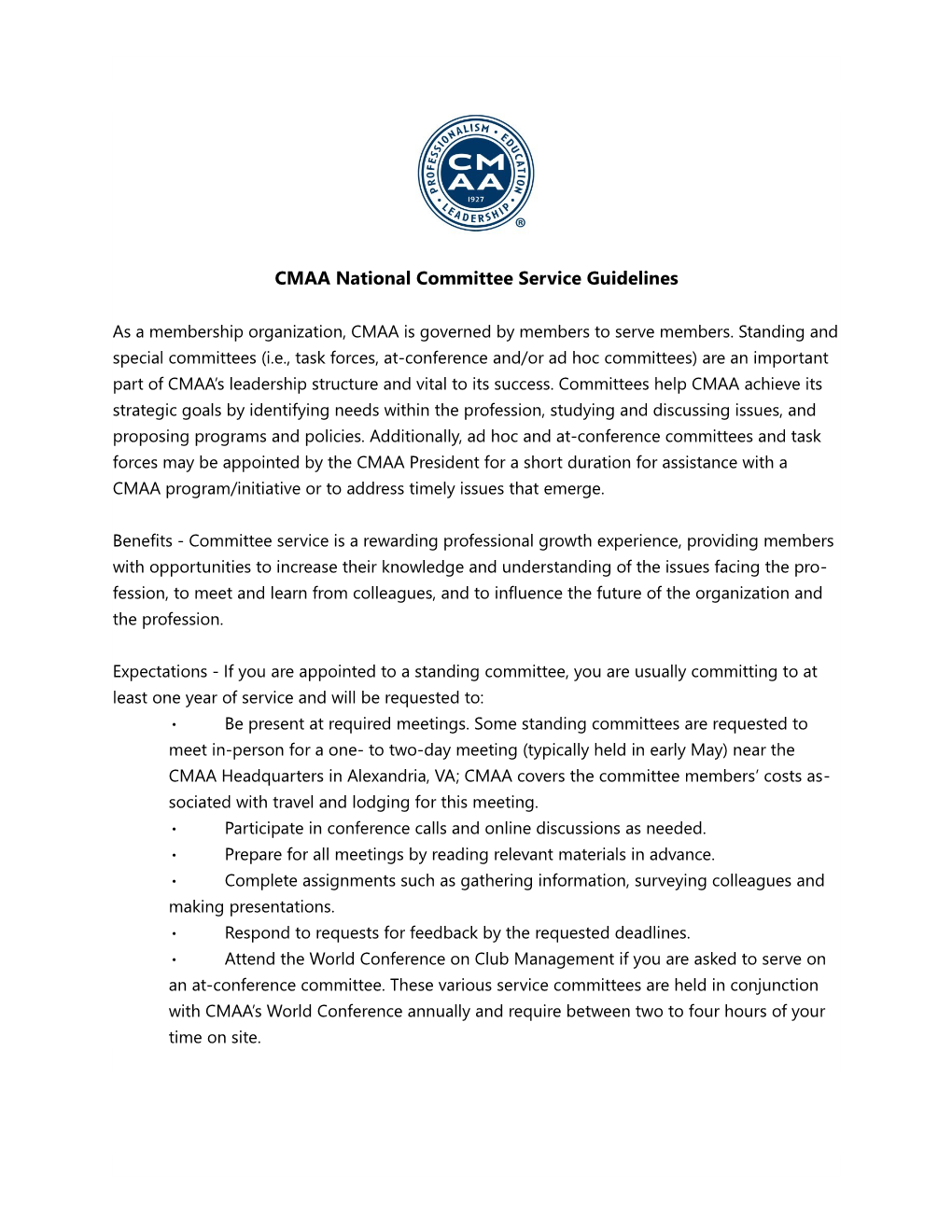 CMAA National Committee Service Guidelines