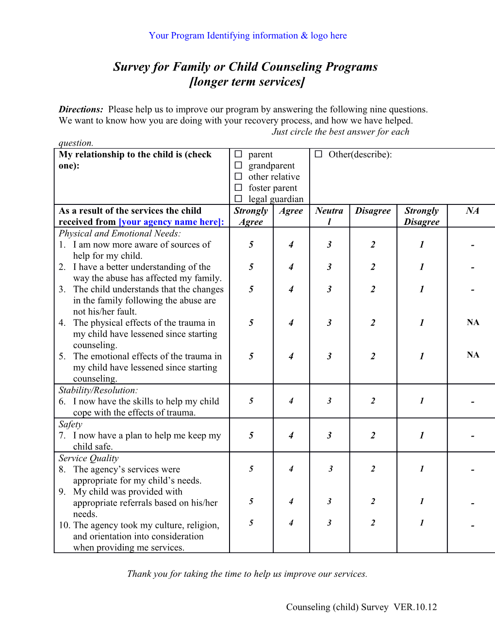 Survey for Family Or Child Counseling Programs