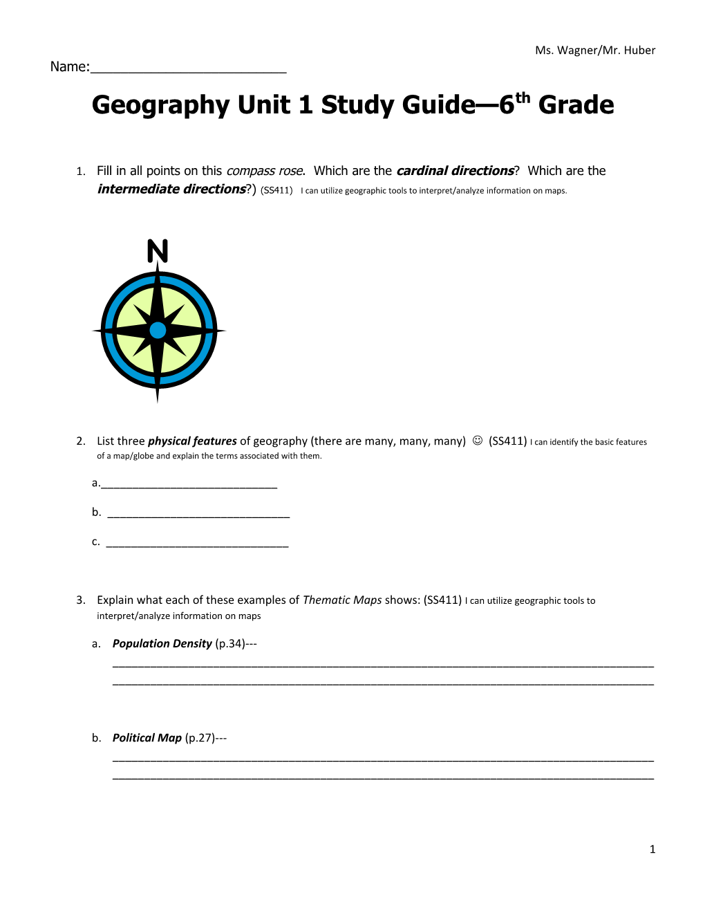 Geography Unit 1 Study Guide 6Th Grade