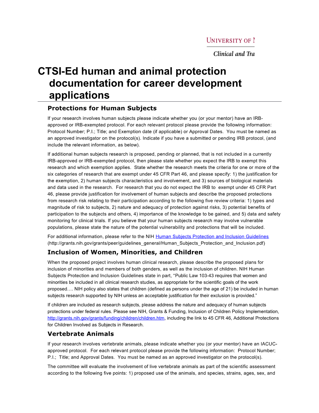 CTSI-Ed Human and Animal Protection Documentation for Career Development Applications