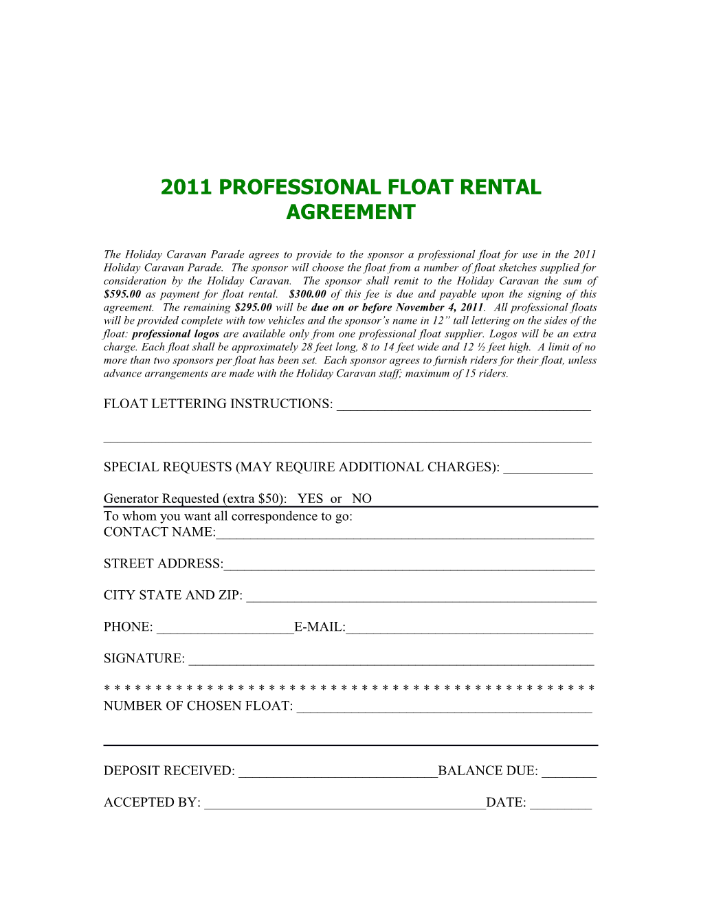 2008 Float Rental Agreement