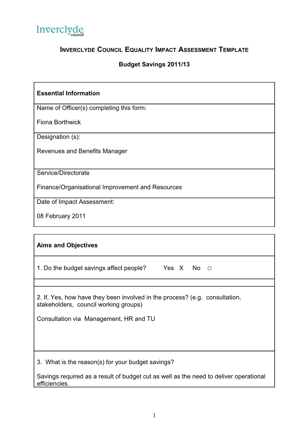 Inverclyde Council Equality Impact Assessment Template