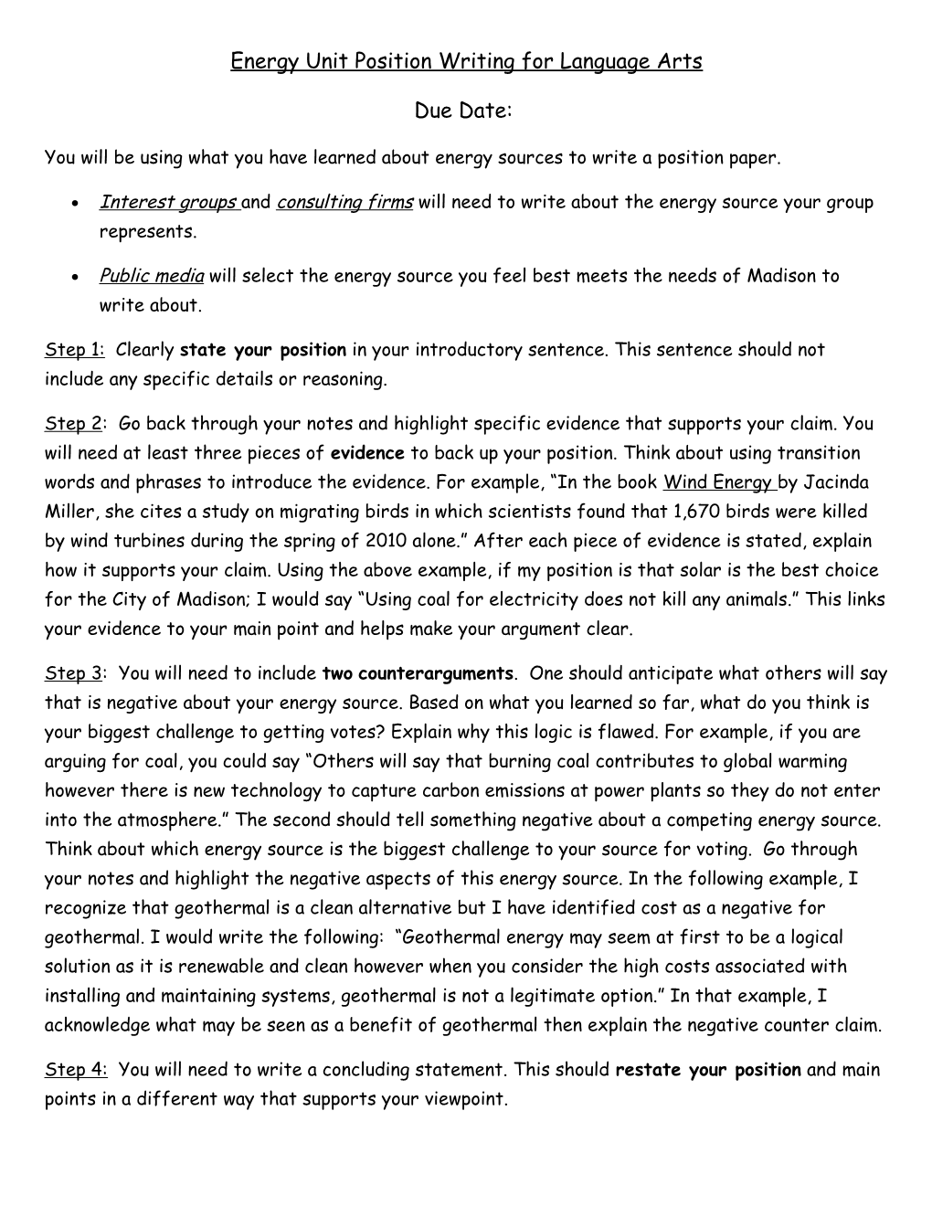 Energy Unit Position Writing for Language Arts