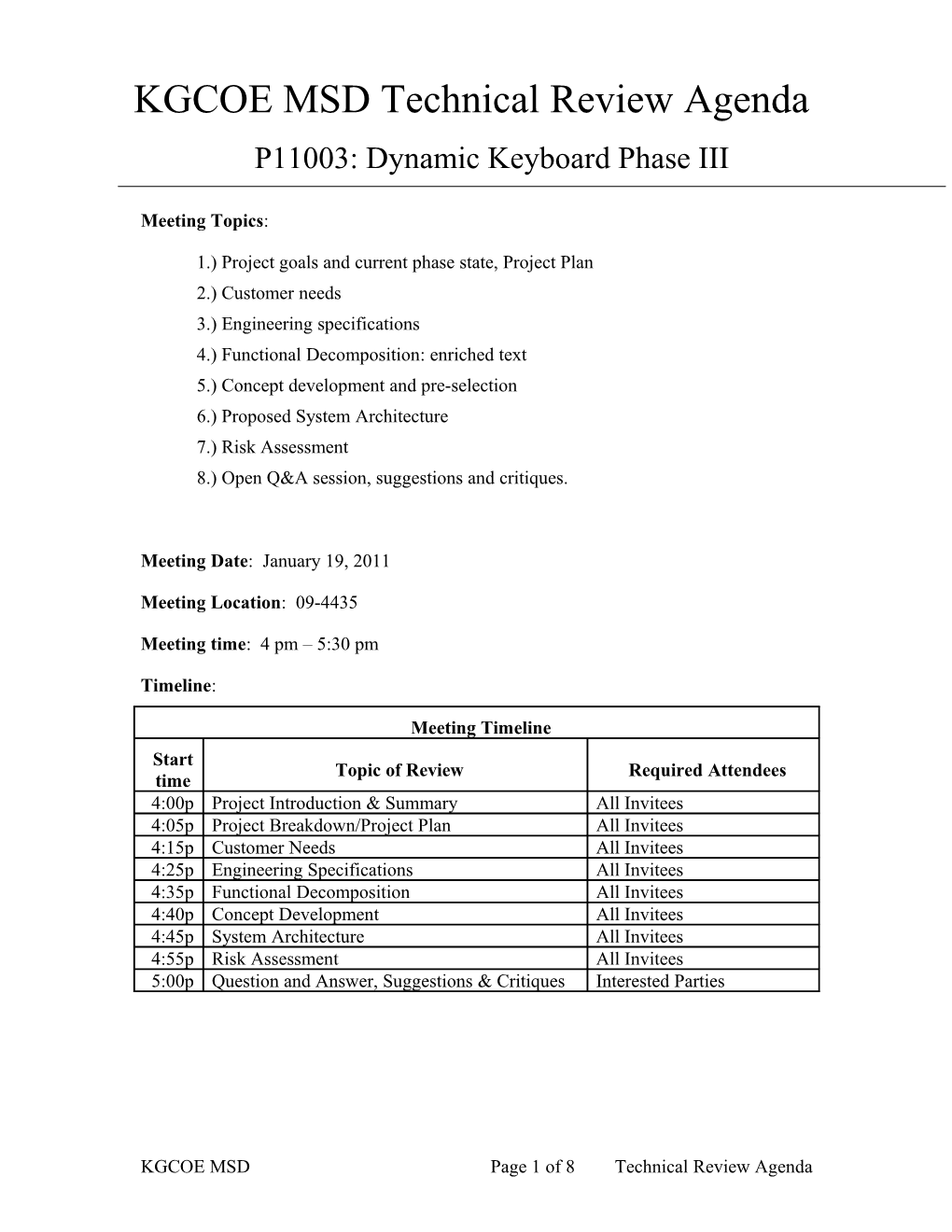 KGCOE MSD Technical Review Agenda