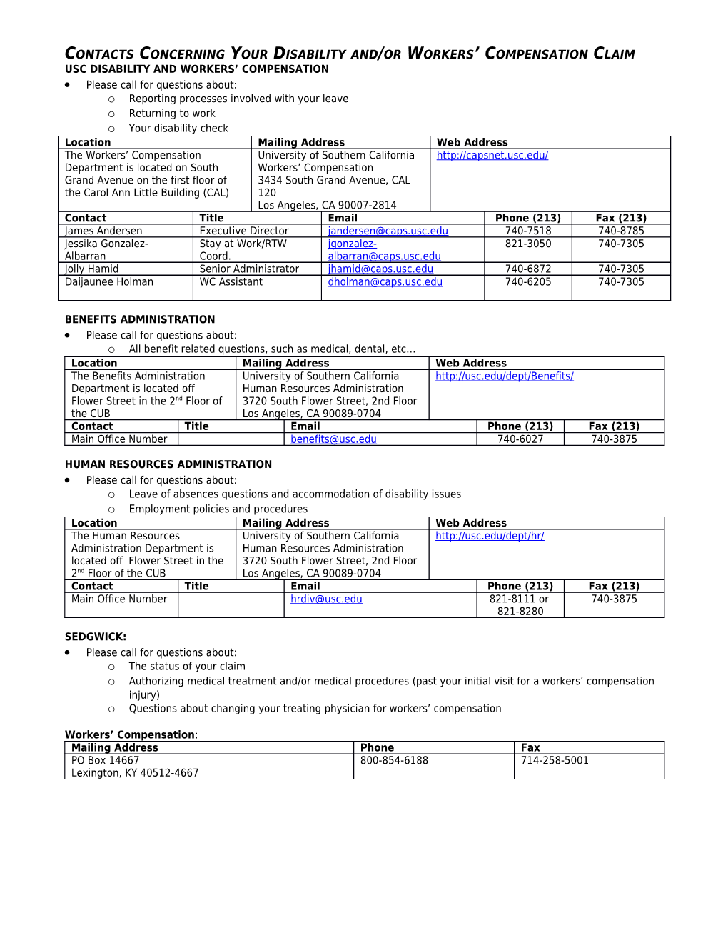 Contacts Concerning Your Disability And/Or Workers Compensation Claim