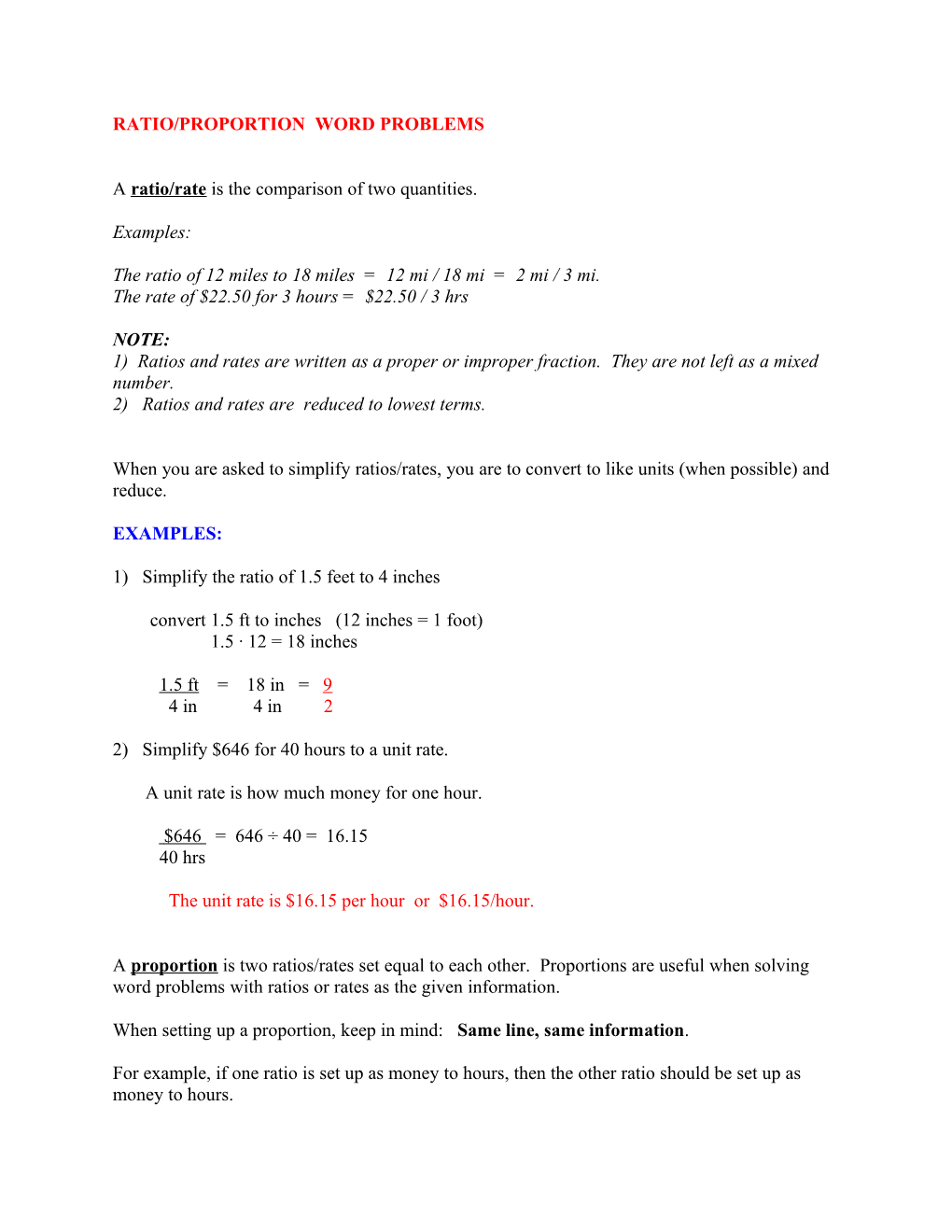 Ratio/Proportion Word Problems