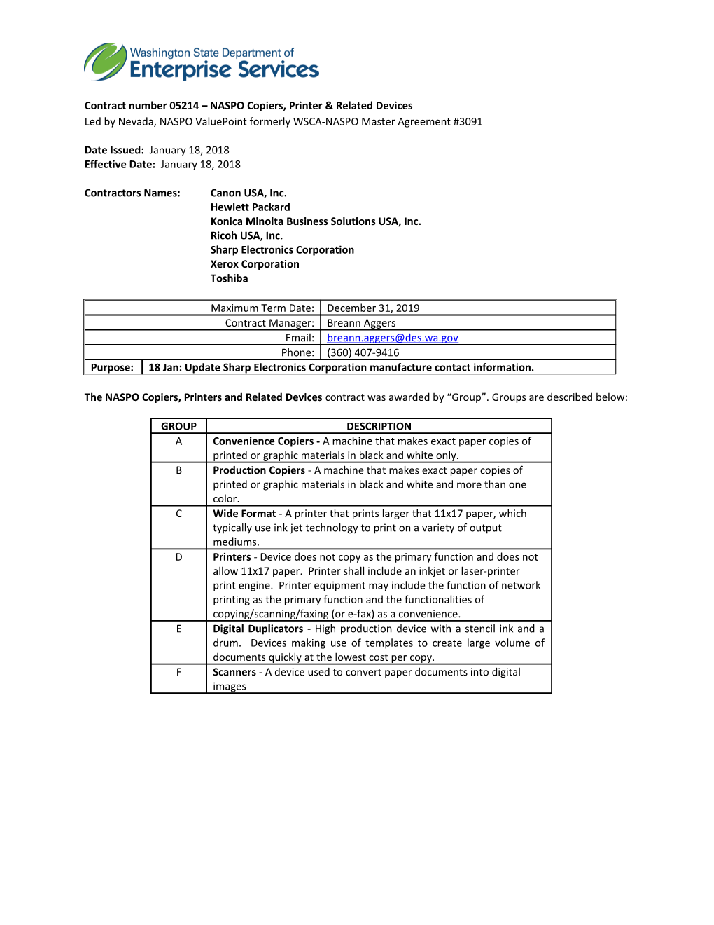 Contract Number 05214 NASPO Copiers, Printer & Related Devices