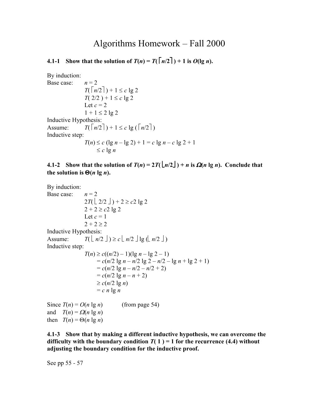 Algorithms Homework Fall 2000