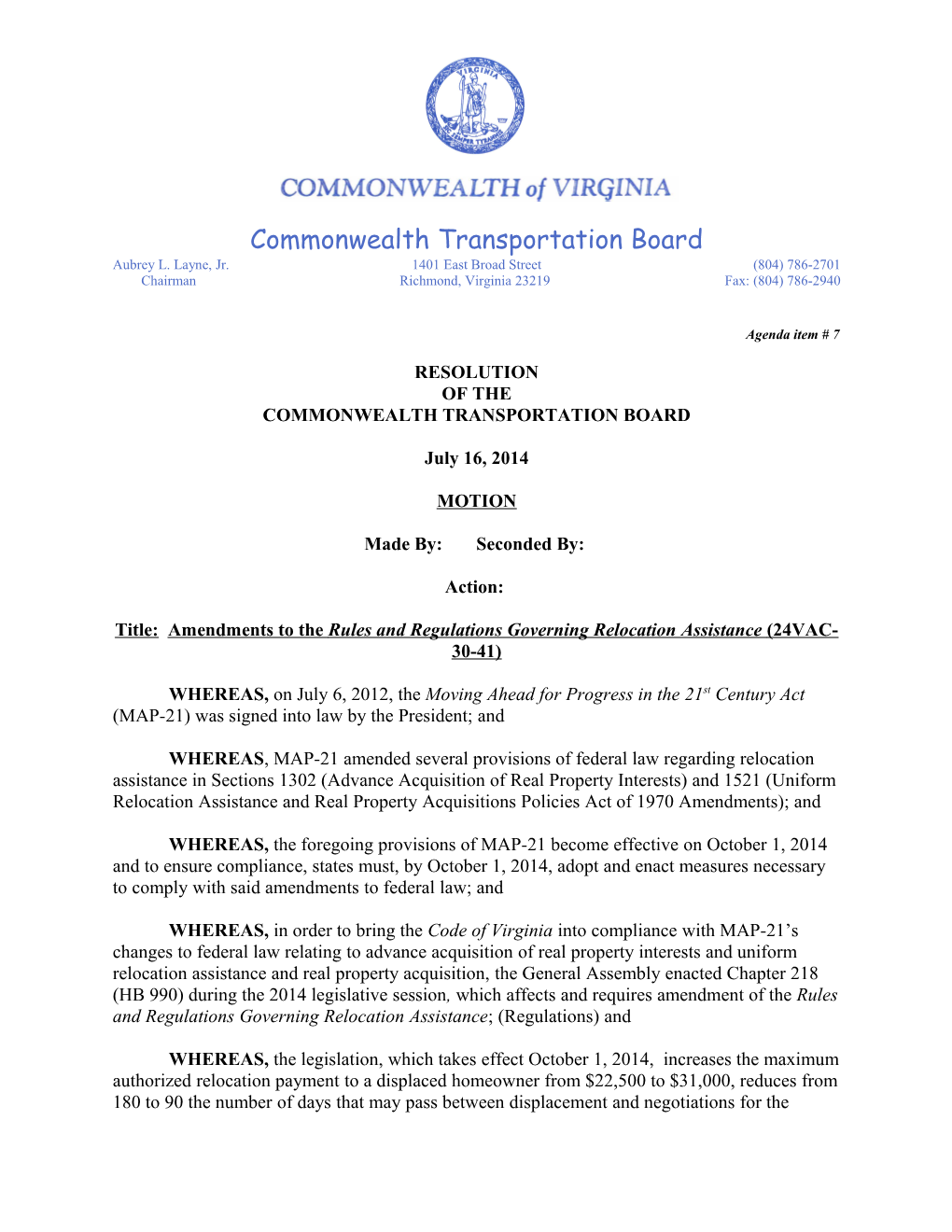 Resolution of the Commonwealth Transportation Board