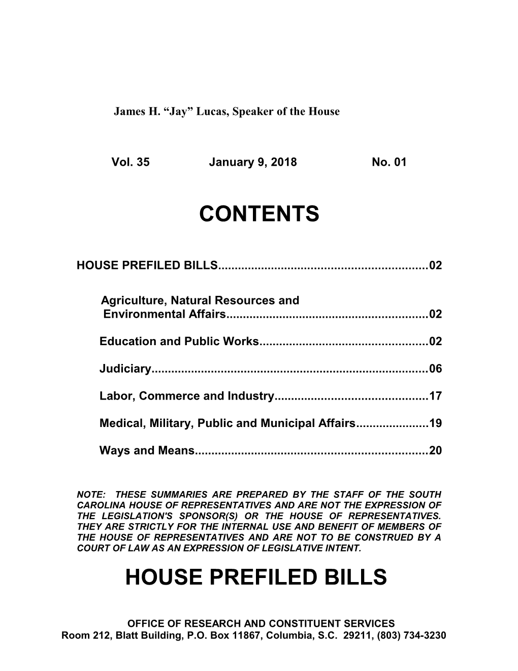 House Prefiled Bills 02