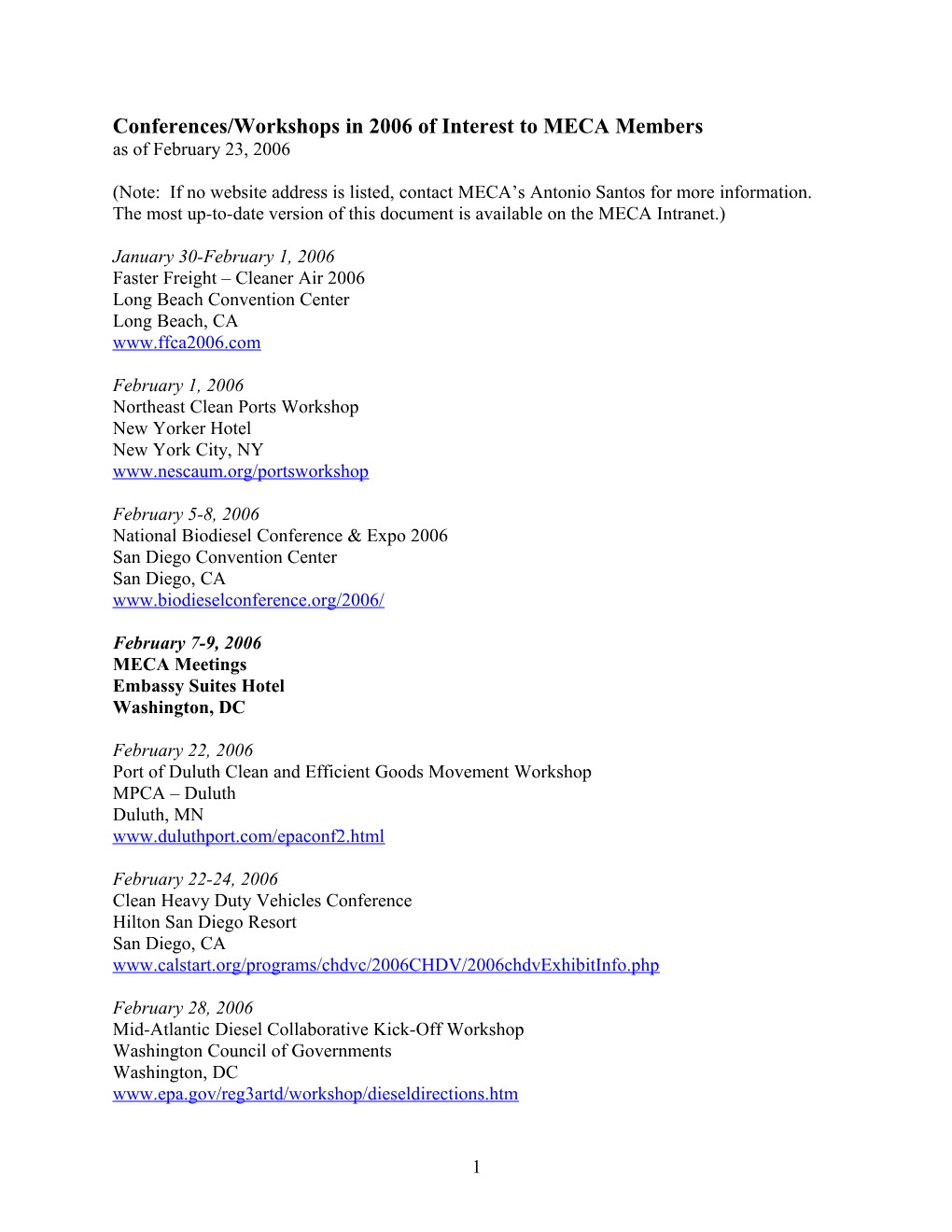 Conferences/Workshops in 2006 of Interest to MECA Members