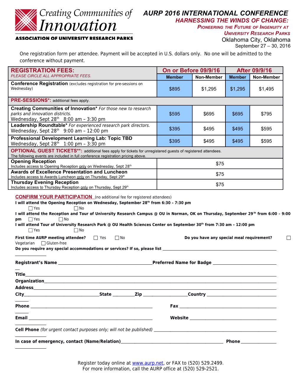 AURP Annual Conference Registration Form