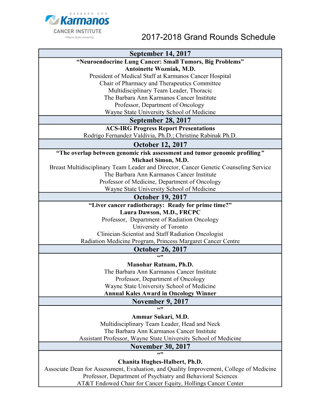 2017-2018 Grand Rounds Schedule