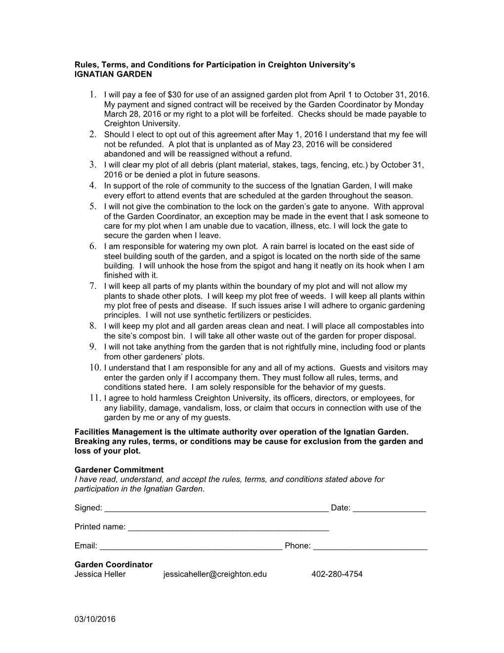Rules, Terms, and Conditions for Participation in Creighton University S s1