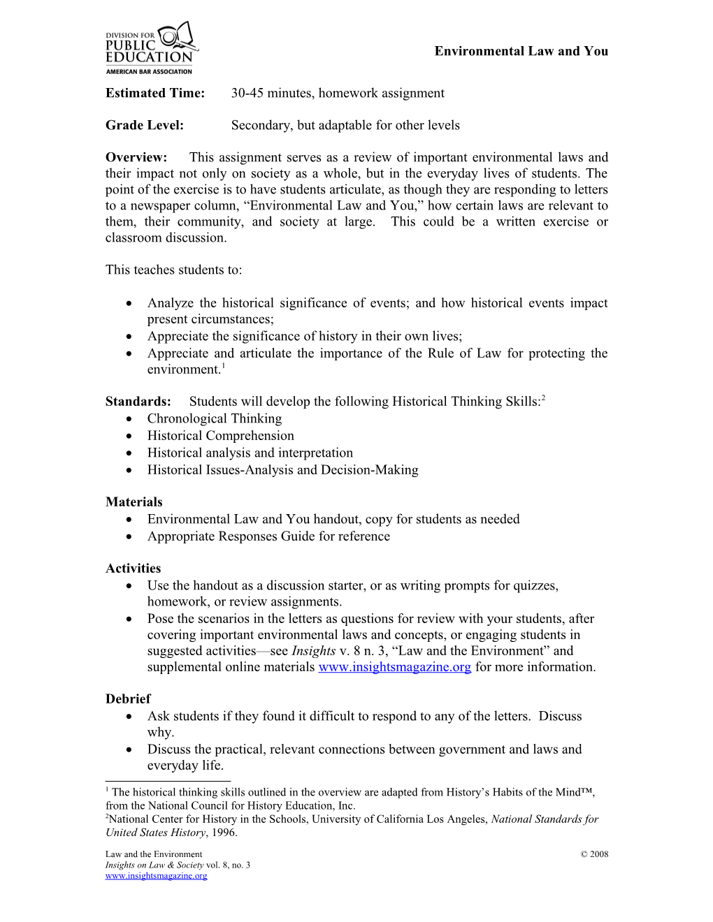 Environmental Law History Timeline Activity