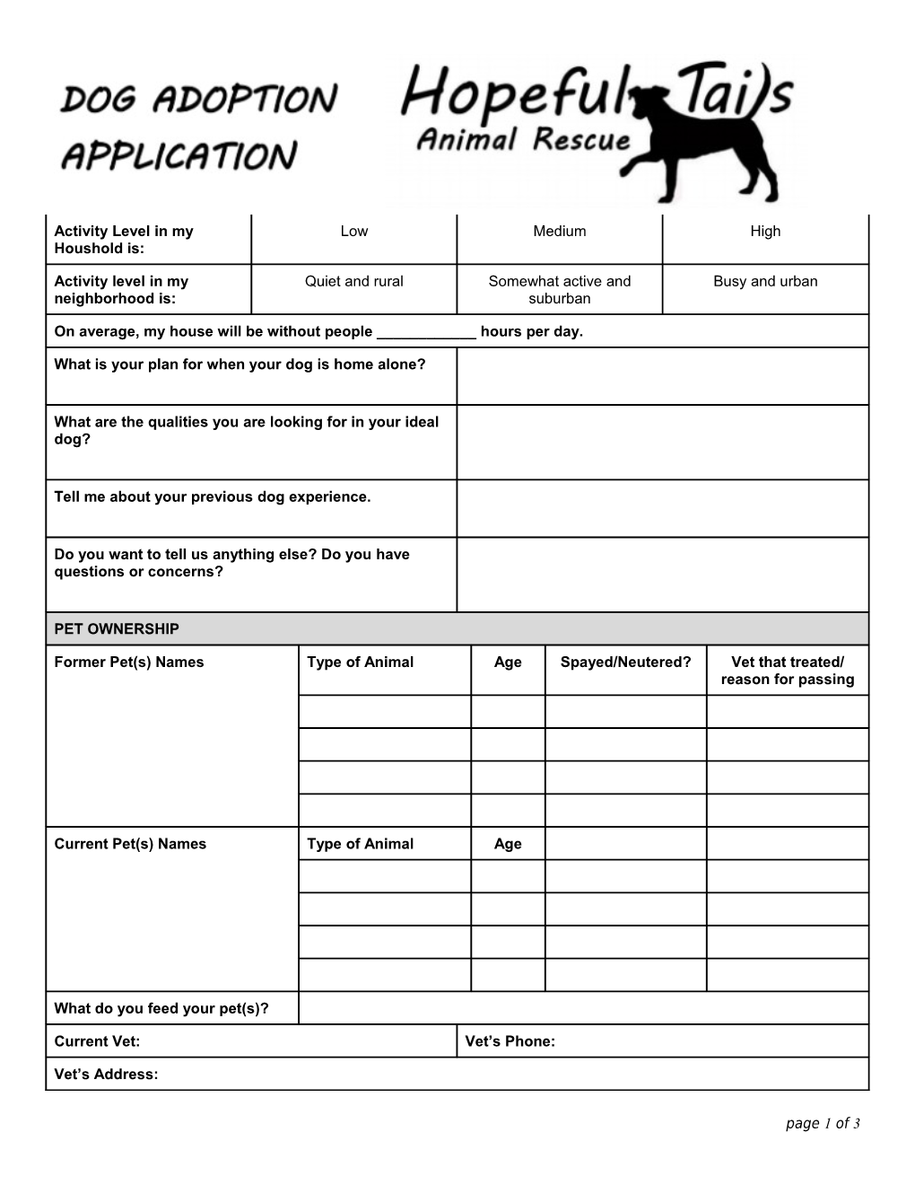 Hopeful Tails Adoption Applicationpage1 of 3