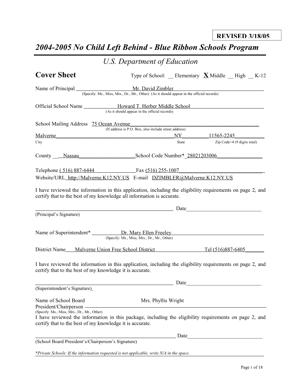 Howard T. Herber Middle School Application: 2004-2005, No Child Left Behind - Blue Ribbon