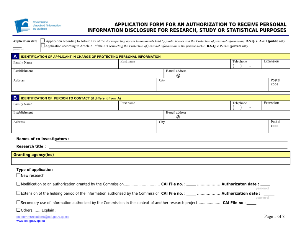 Application Form for an Authorization to Receive Personal Information Disclosure for Research