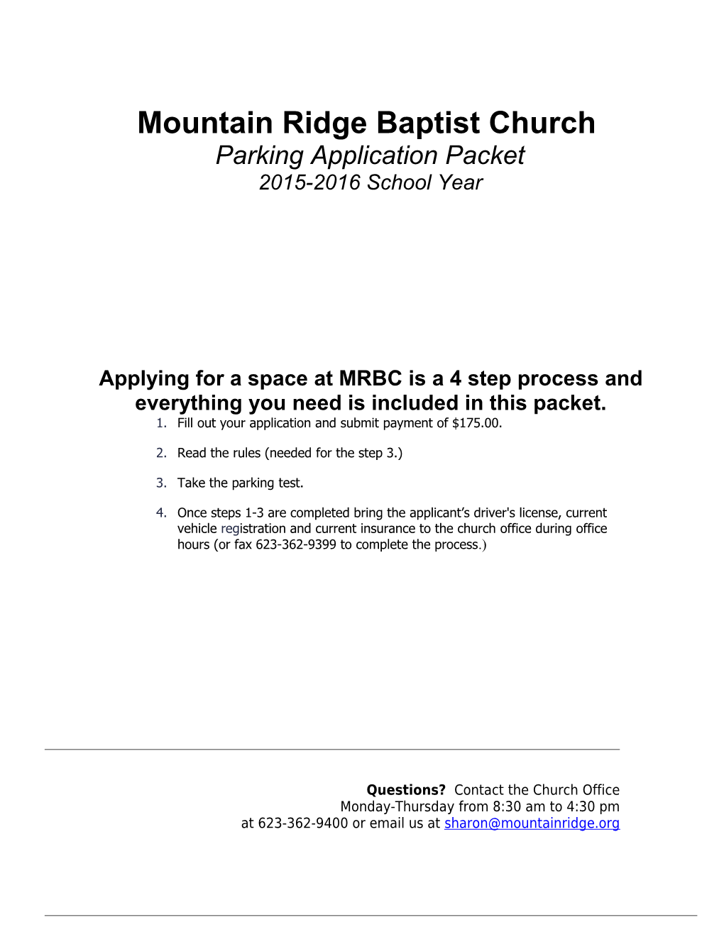 Mountain Ridge Baptist Church Parking Permit Application