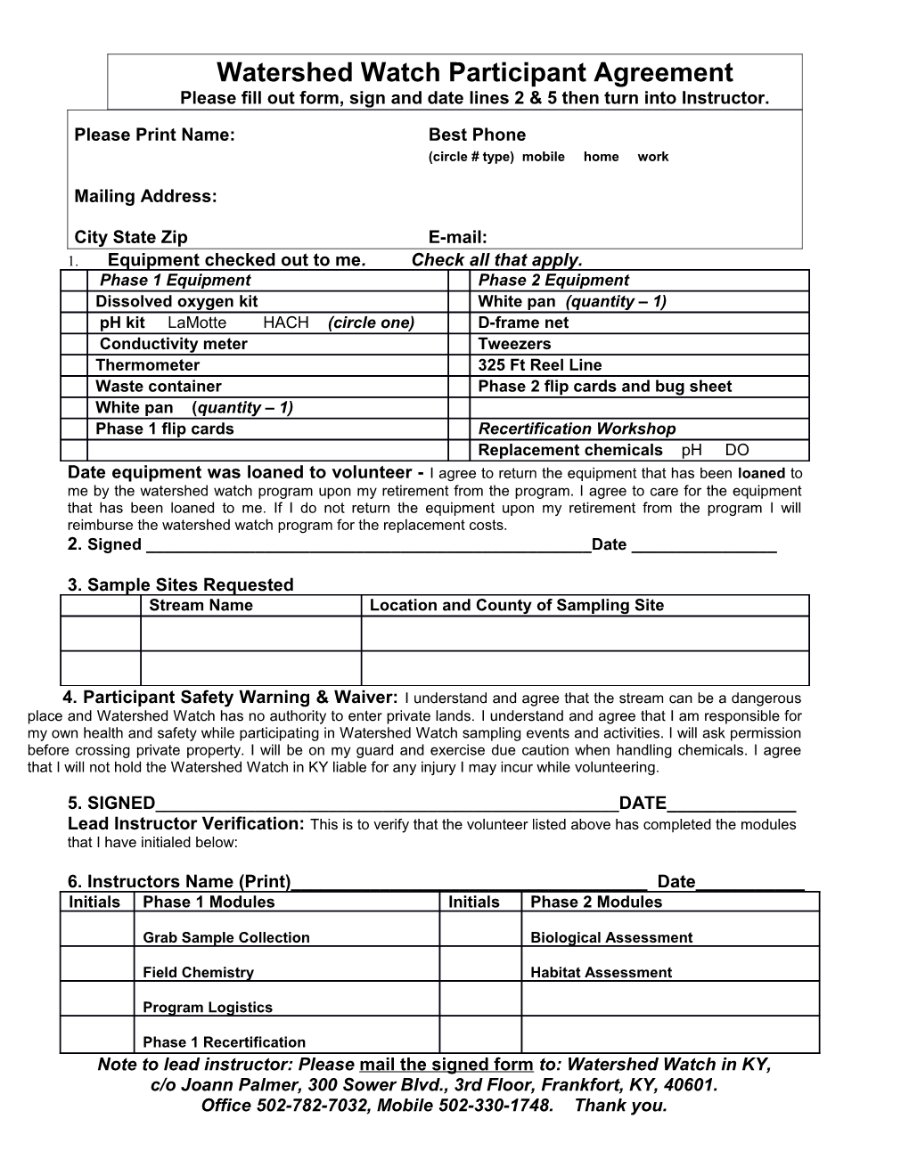 Watershed Watch Participant Agreement