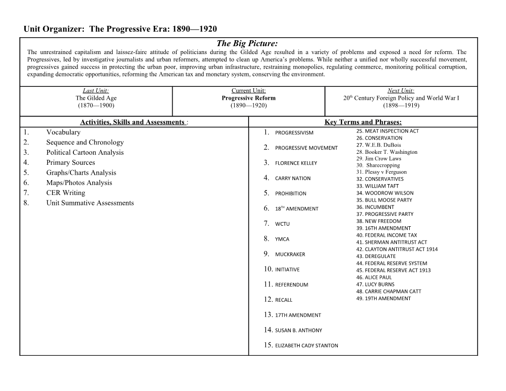 Unit Organizer: the Progressive Era: 1890 1920