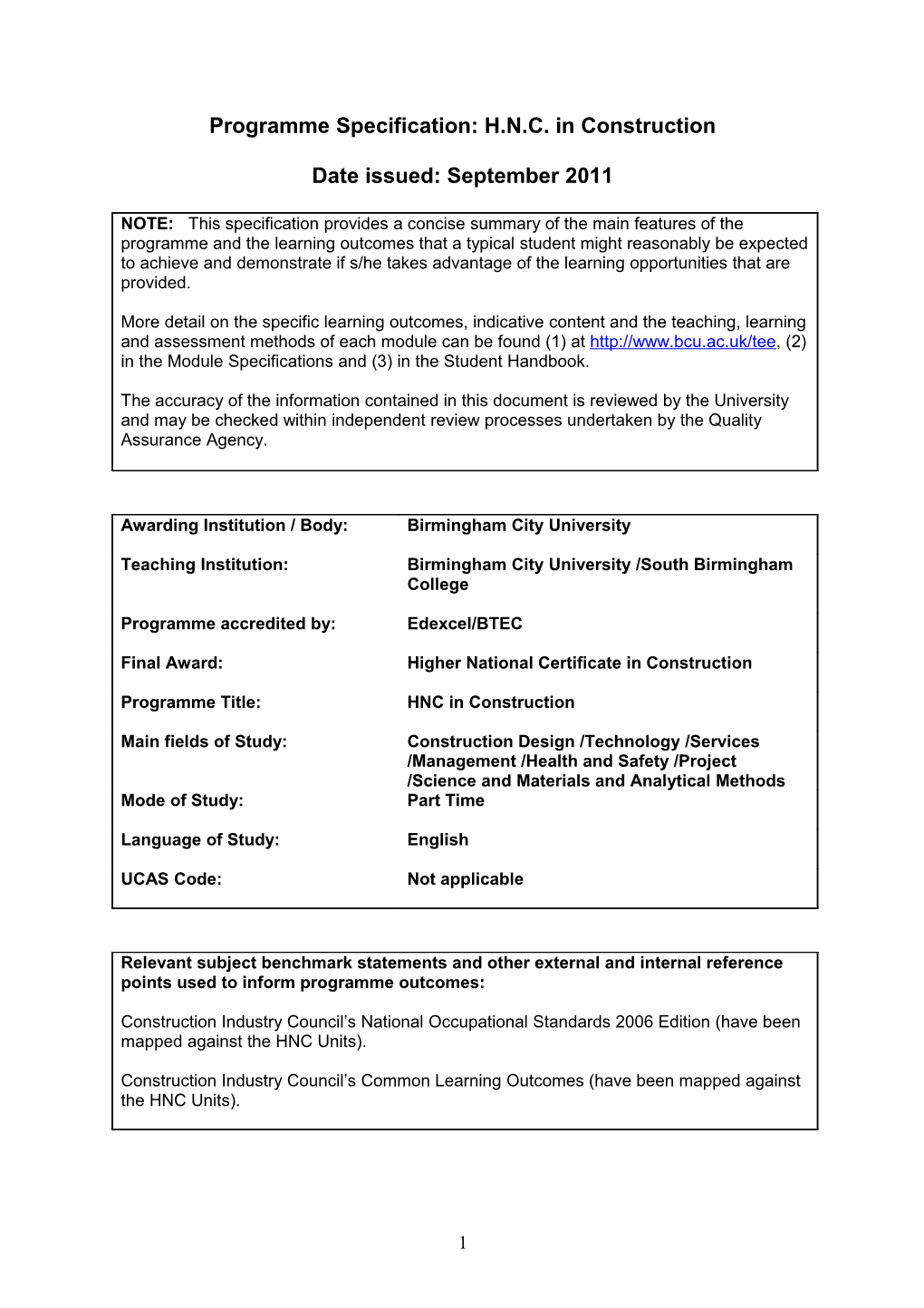 Draft PROGRAMME SPECIFICATION