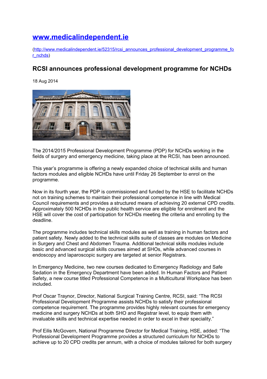 RCSI Announces Professional Development Programme for Nchds