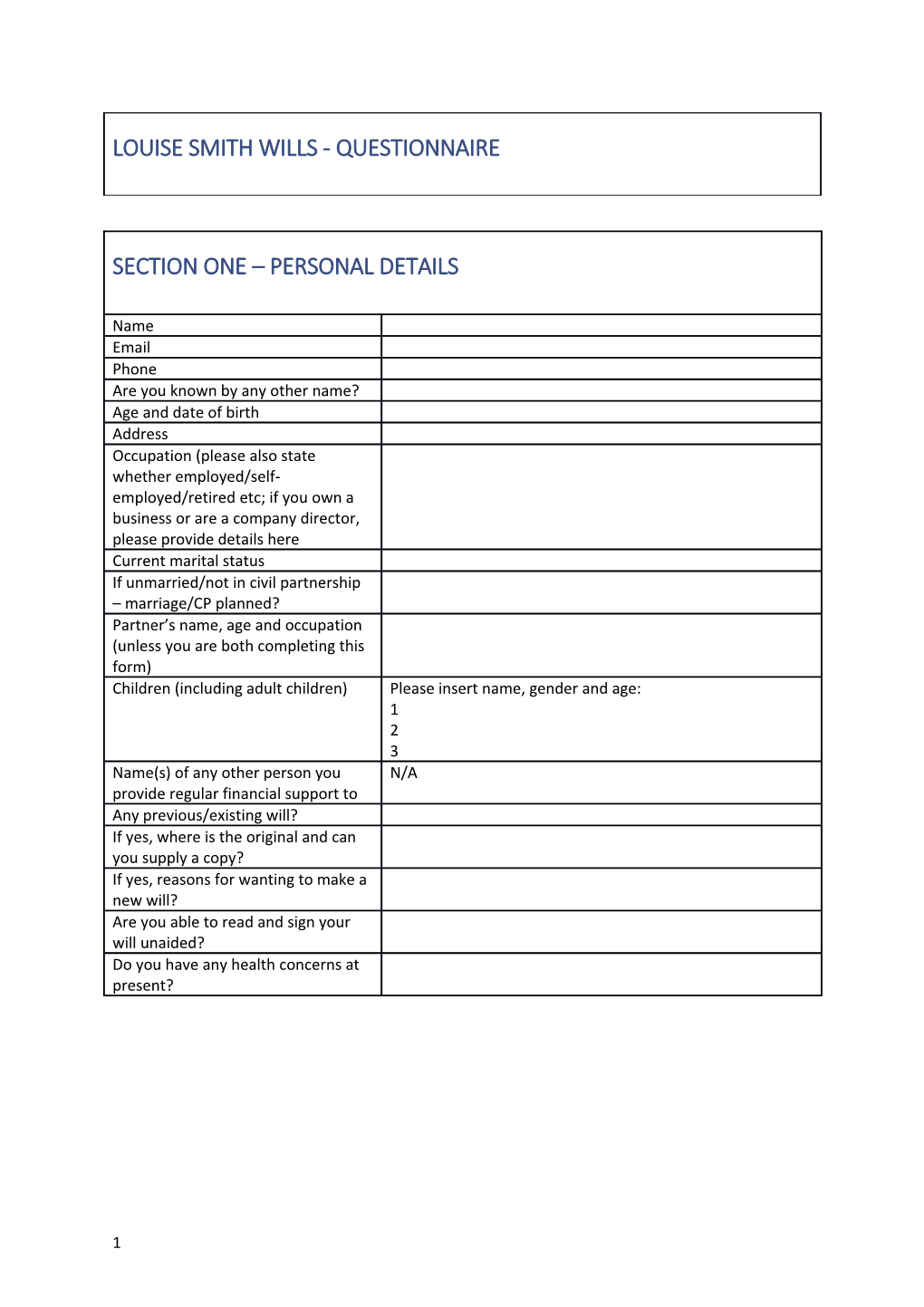 Louise Smith Wills - Questionnaire