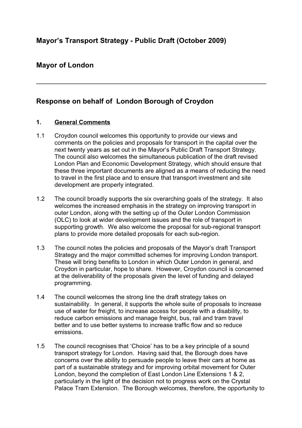 Draft London Borough of Sutton Comments on Draft Revised Mayor S Transport Strategy