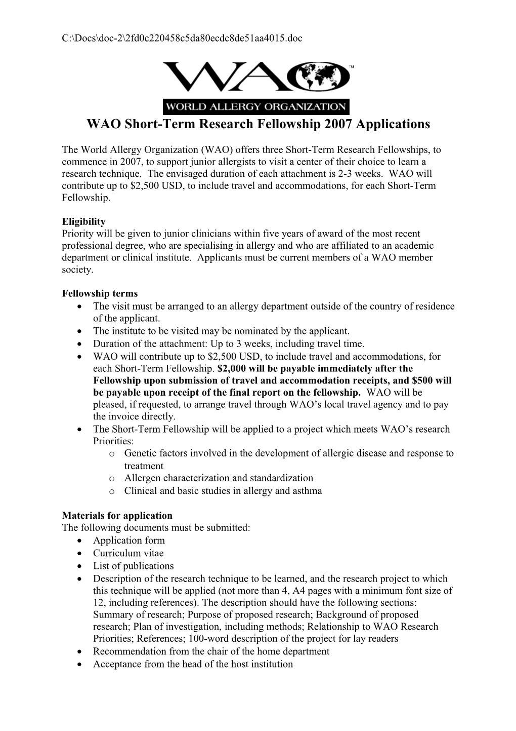 Waoshort-Term Research Fellowship 2007 Applications